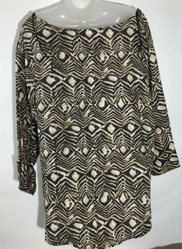 Top grande de lino Jones NY para mujer estampado tribal negro y tostado Lagenlook de gran tamaño - Imagen 6 de 8