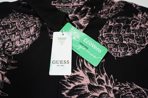 Guess Mens Eco Hawaiian Shirt XXL Pineapple Print Black/Pink NWT - Picture 3 of 8