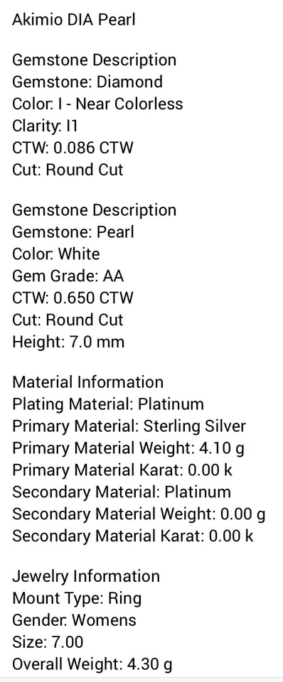 Anillo de diseñador para mujer con acabado de platino de diamantes y perlas talla 7 Foto 4 de 4