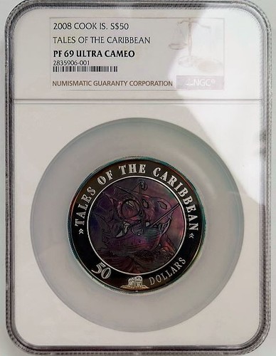 2008 Cook Islands 50$ TALES OF CARIBBEAN Mother Of Pearl Silver Coin NGC PF69! - Picture 3 of 9