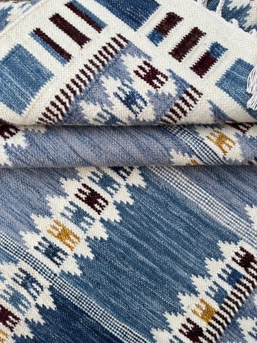 Hand Woven Flat Weave Kilim Wool Area Rug Living Room Blue Rug Home Decor - Picture 7 of 9