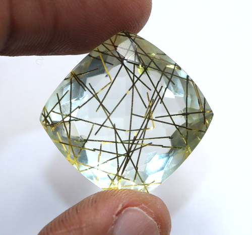 Natural Certified 51 Ct Cushion Cut Yellow Color Rutilated Quartz Loose Gemstone - Picture 2 of 7