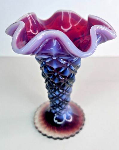 Fenton Plum Opalescent Quilted Trumpet Glass Vase Signed Fenton Family - 5" - Picture 4 of 10