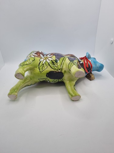 Ceramic Cow Money Box With Bell Handpainted Glossy Finish Alp & Flowers Scene - Imagen 7 de 9