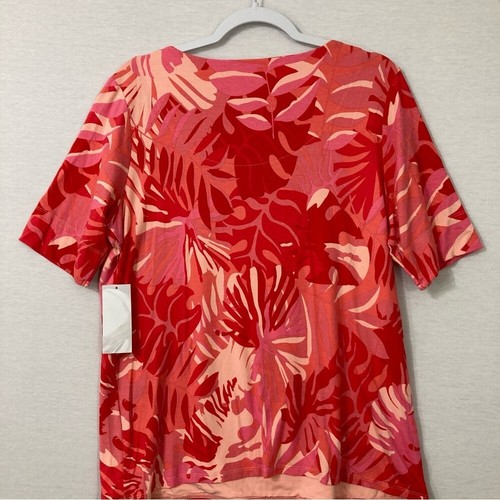 New Chico's Red Tropical Leaf Print Crew Neck Stretch Short Sleeve Top Large / 2 - Picture 7 of 8