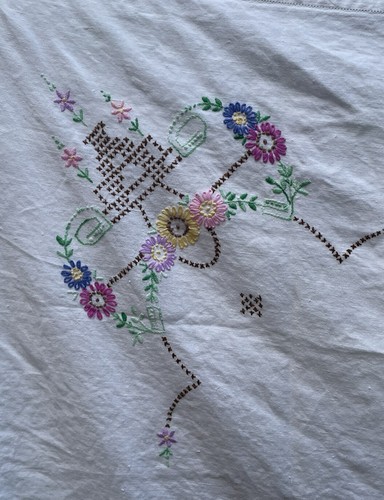 White Embroidered Cross Stitch Flowers Crocheted Linen Tablecloth 48x50 Square - Picture 3 of 6