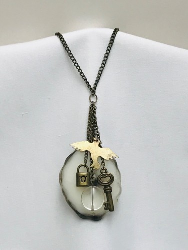 Lock and Key Bird Faux Stone Pendant Necklace Steampunk 30” Antique Bronze Tone - Picture 2 of 24