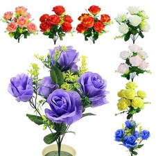 2x Bouquets of 7 Head Roses - 14 Heads Artificial Silk Grave Memorial Flowers