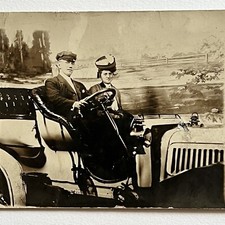Antique Rppc Real Photograph Postcard Handsome Man Woman In Prop Studio Car Antique Rppc Real Photograph Postcard Handsome Man Woman In Prop Studio Car
