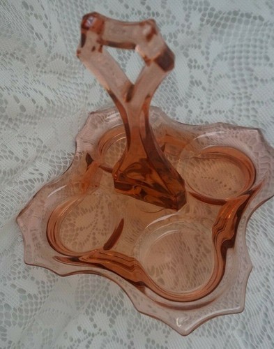 Cambridge Glass Drinks Tray Caddy Depression Pink Glass Elegant Design with Hand - Picture 3 of 10