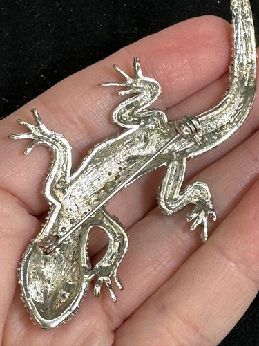 Lizard Salamander Gecko Clear & Aurora RhinestonVintage Silver Brooch Pin M-5829 - Picture 3 of 3