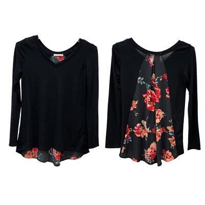 M Le Lis Women Black Solid & Floral Stretch 3/4 Sleeve High Low Tunic Blouse NEW