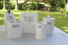 Rae Dunn SOAP, BRUSHES, STUFF, THINGS, TISSUES- Ridge design bathroom set - Rea