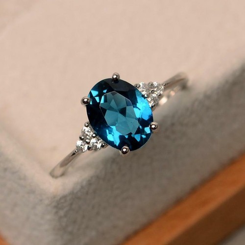 925 Sterling silver 4.50CT London blue topaz anniversary prong Ring for Women - Picture 3 of 4