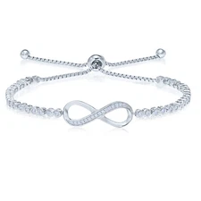 Sterling Silver CZ Infinity Bracelet with Bezel Set Adjustable Drawstring Clasp