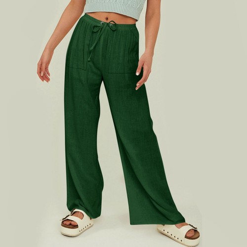 Women's Summer Drawstring Waist Wide Leg Loose Cotton Linen Palazzo Pants - Picture 25 of 52
