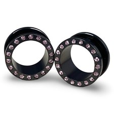 Pair of Black with Pink CZ Screw on Tunnels set gauges plugs PICK SIZE