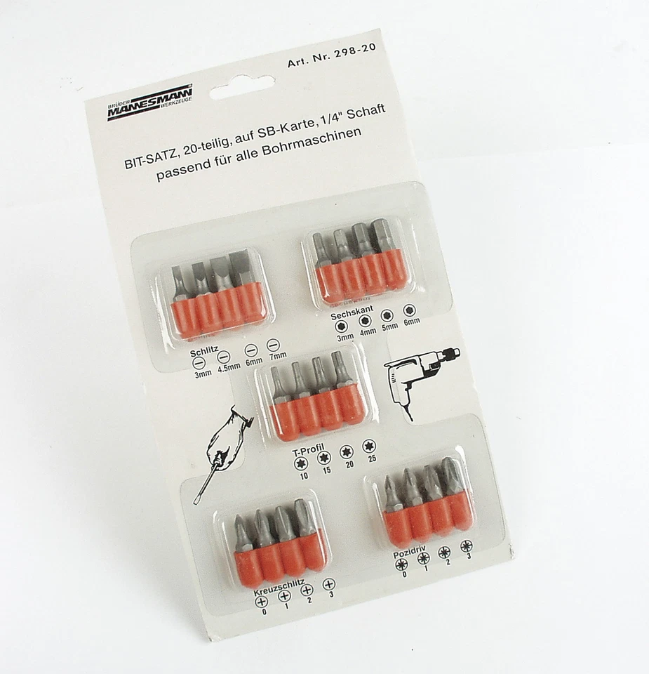 Mannesmann Screwdriver Bit Set 20 pcs <> 1/4" <> 6.3mm Hex Torx Pozi VPA GS TUV