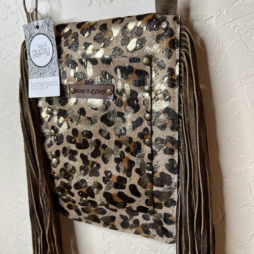 Keep It Gypsy Tasche Goldakzent Leopardenmuster Haarfell Fransen Umhängetasche Neu mit Etikett - Bild 4 von 8