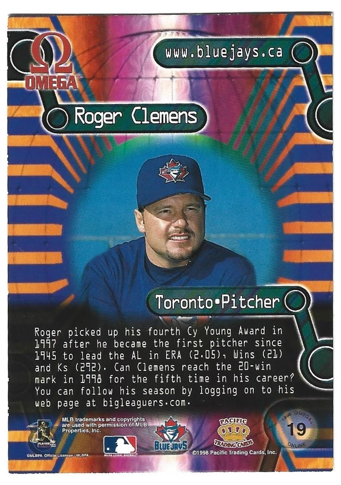 1998 Pacific Omega - Online Inserts - Roger Clemens - #19 - Blue Jays - NrMt - Image 4 of 4