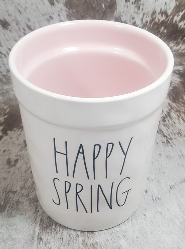 Rae Dunn HAPPY SPRING Ostern Keramik Elfenbein mit rosa Topf Utensilienhalter 8" - Bild 2 von 4