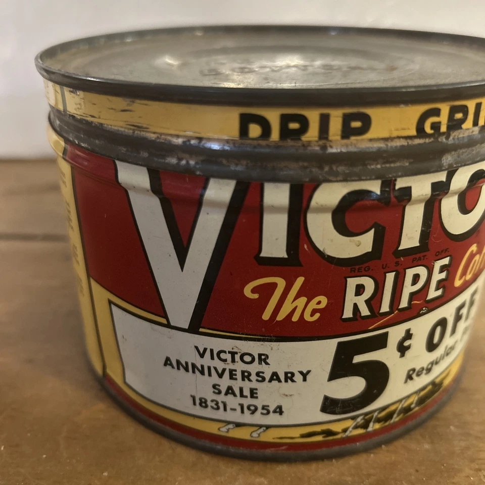 RARE Vintage Victor Ripe Coffee Can Tin 1954 ANNIVERSARY SALE 5 Cents Off - Image 4 of 4