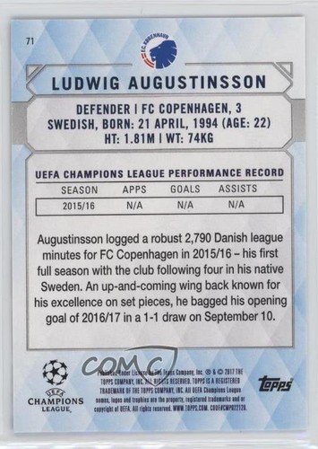 2016-17 Topps UCL Showcase Black /5 Ludwig Augustinsson #71 Rookie RC - Picture 2 of 3