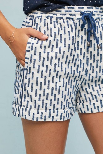 Anthropologie White Navy Panella Textured Shorts Pockets Linen Blend Sz L NEW - Picture 2 of 11