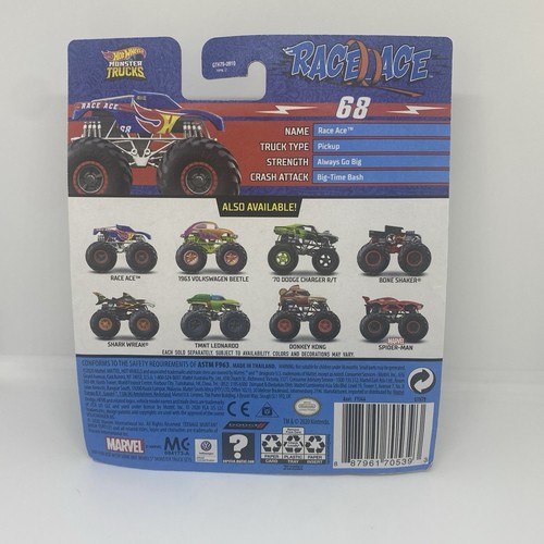 2020 Hot Wheels Monster Trucks Race Ace Die Cast Metal Body + Recrushable Car - Picture 3 of 12