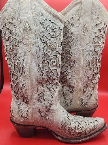 Corral LD White Glitter Inlay & Crystals Women's Cowboy Boots Size 9 - Picture 6 of 10