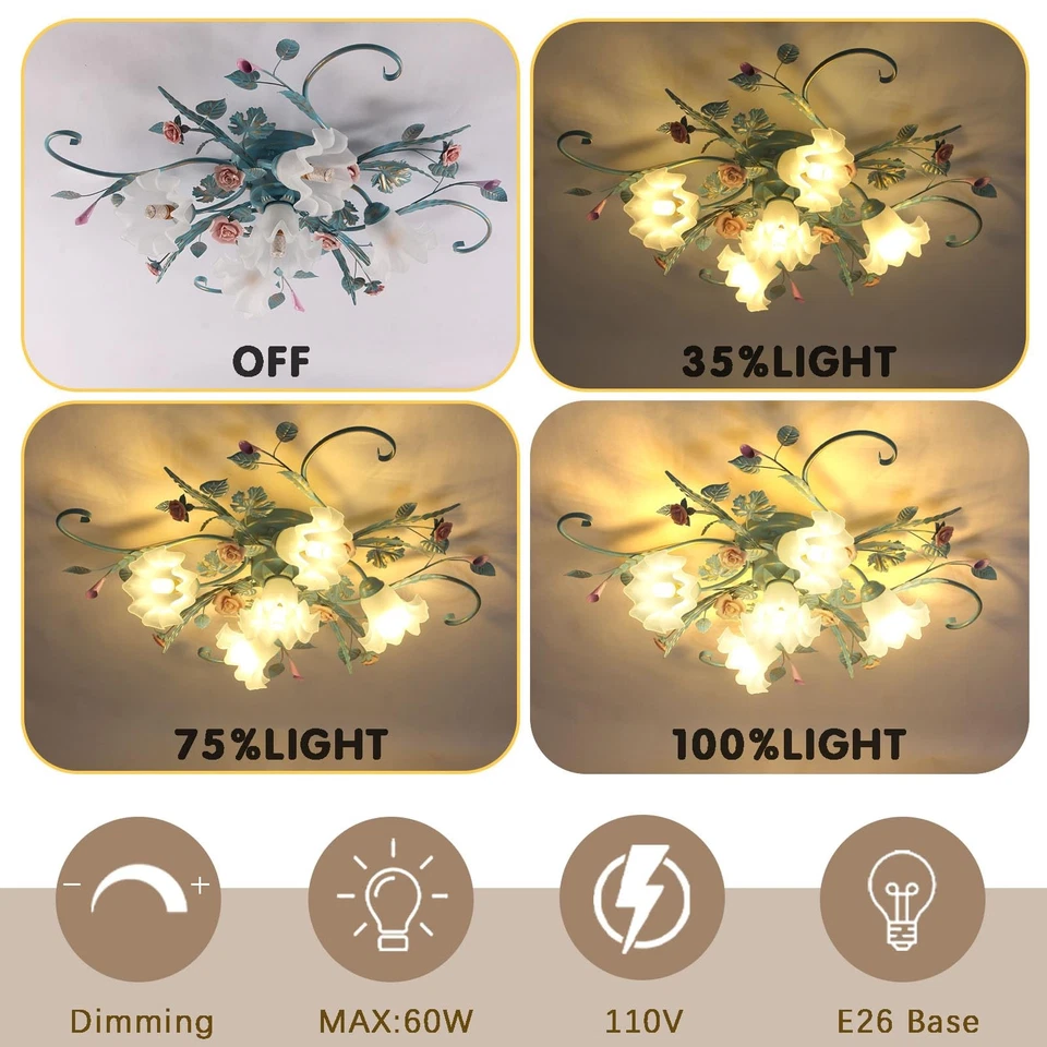 Candelabro de flores luminária de teto, 5 luzes rosa cerâmica rosa abajur de teto com G... - Imagem 3 de 4