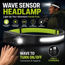 Rechargeable Head Torch, 230&deg; Wide Beam COB LED, Motion Sensor, USB-C Camping UK