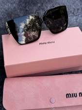 New Miu Miu Sunglasses Polished Black Dark Gray Gold Logo