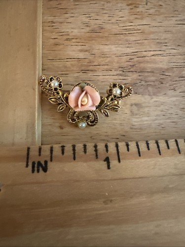 Spilla spilla vintage porcellana rosa finta perla tono oro - Foto 4 di 4