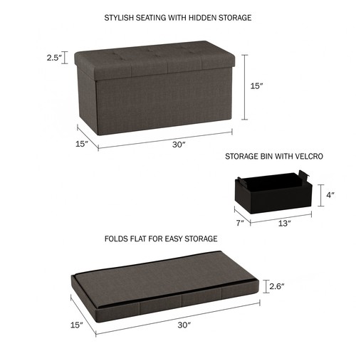 Charcoal Ottoman Folding Bench Storage Bin Footrest with Padded Lid 30 x 15 x 15 - Picture 2 of 6