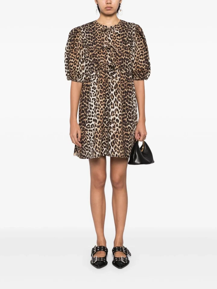 GANNI Brown Organic Cotton Mini Dress with Leopard Print and Puff Sleeves - Image 2 of 4