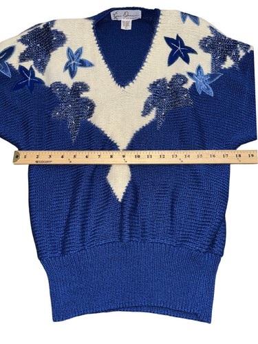 Vintage Eddie Dassin Sweater Angora Wool Womens L Blue White Slouchy Flowers - Picture 5 of 8