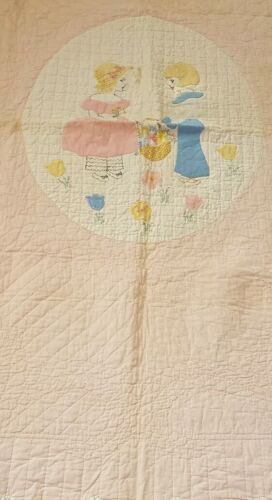 Vintage Handmade Embroidered Little Boy & Girl ~Flowers~ Baby Quilt 62" x 46" - Picture 3 of 10