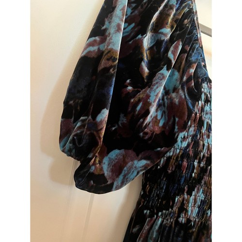 Urban Outfitter Blue Patsy Smocked Velvet Floral S Romper Puff Sleeve stretchy  - Picture 6 of 10