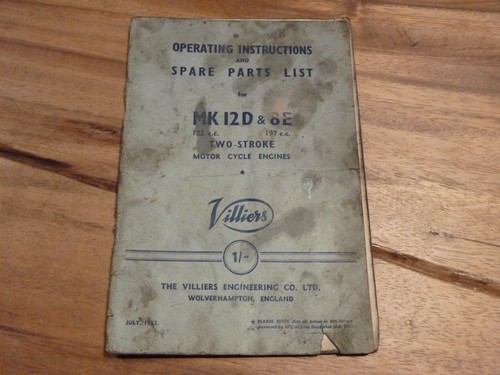 VINTAGE 1953 OPERATING INSTRUCTIONS & SPARE PARTS LIST VILLIERS MK12D MOTORCYCLE - Picture 1 of 6