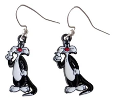 Sylvester the Cat Cartoon Character 1.2" Tall Silvertone French Wire Earrings