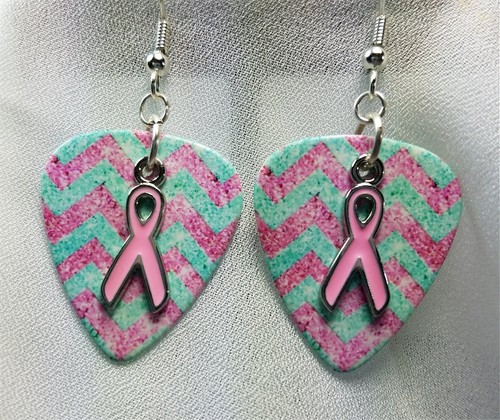 Pink Ribbon Charm Guitar Pick Earrings with Surgical Steel Earwires - Picture 1 of 12