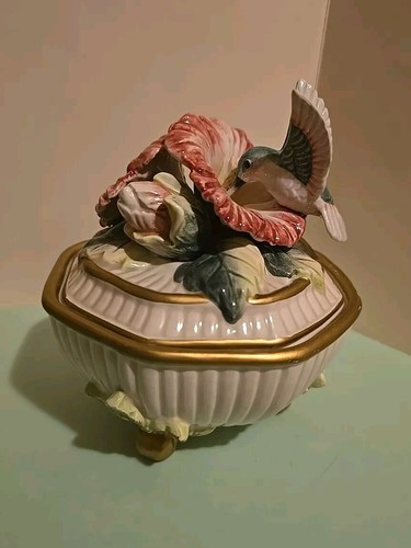 Fitz & Floyd 3D Trinket Bowl Lidded Hummingbird Flowers Nest Eggs