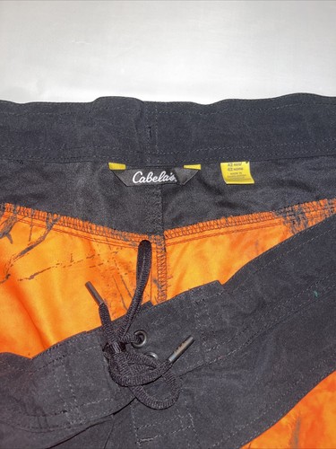 Cabelas Mens Board Shorts Sz 42 Black And Orange Camo Camouflage Swim Trunks - Picture 2 of 3