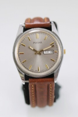 Pulsar Herren Armbanduhr Edelstahl Silber Gold Wr Braunes Leder Tag Datum Quarz