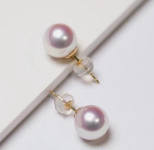Real AAA+ 8-7MM Natural Akoya White Round Pearl Earrings 18k gold - Picture 5 of 6