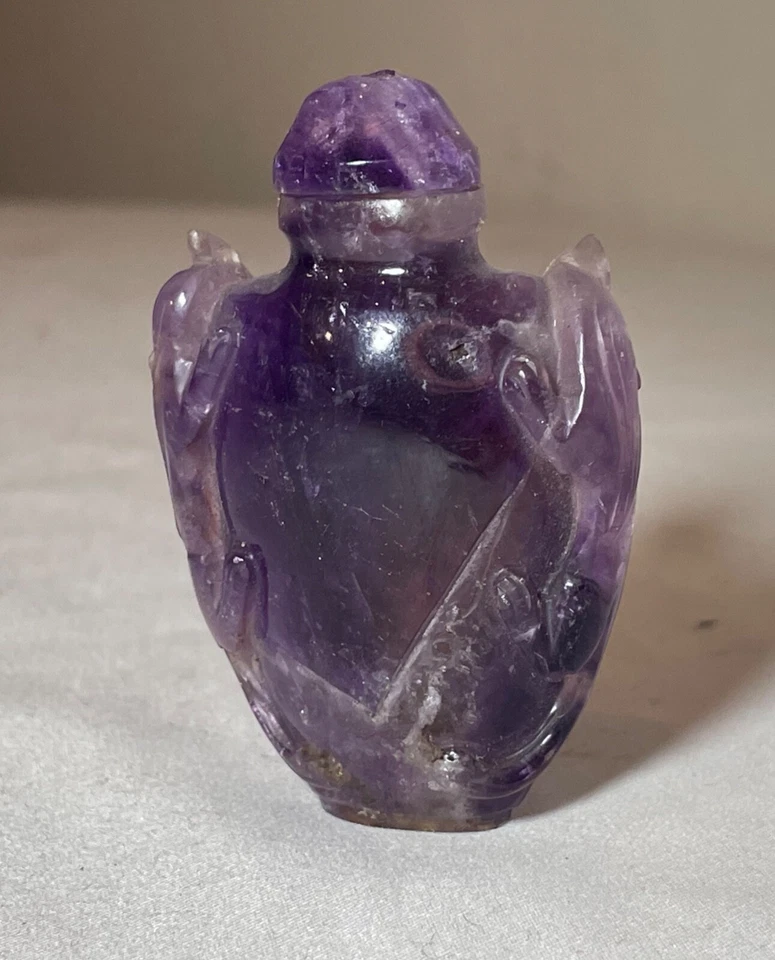 Antiguo frasco chino tallado a mano piedra amatista botella tabaco escultura baratija Foto 4 de 4