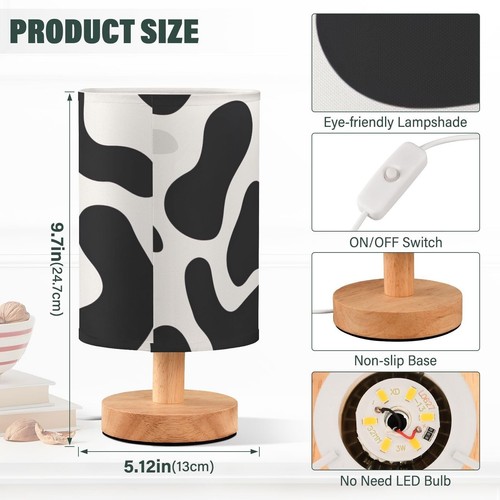 Bedside Lamp Black White Cow Print Table Lamp with USB Port Wood Base for Liv... - Picture 3 of 7