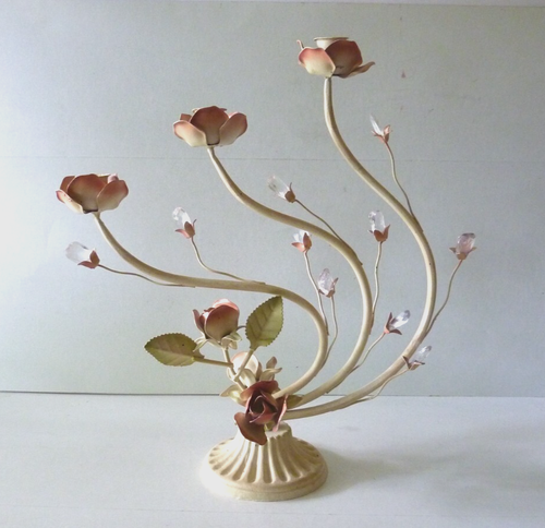 Vintage Shabby Chic Toleware Metal Candalabra ROSES, PRISIMS Candle Holder - Picture 12 of 20
