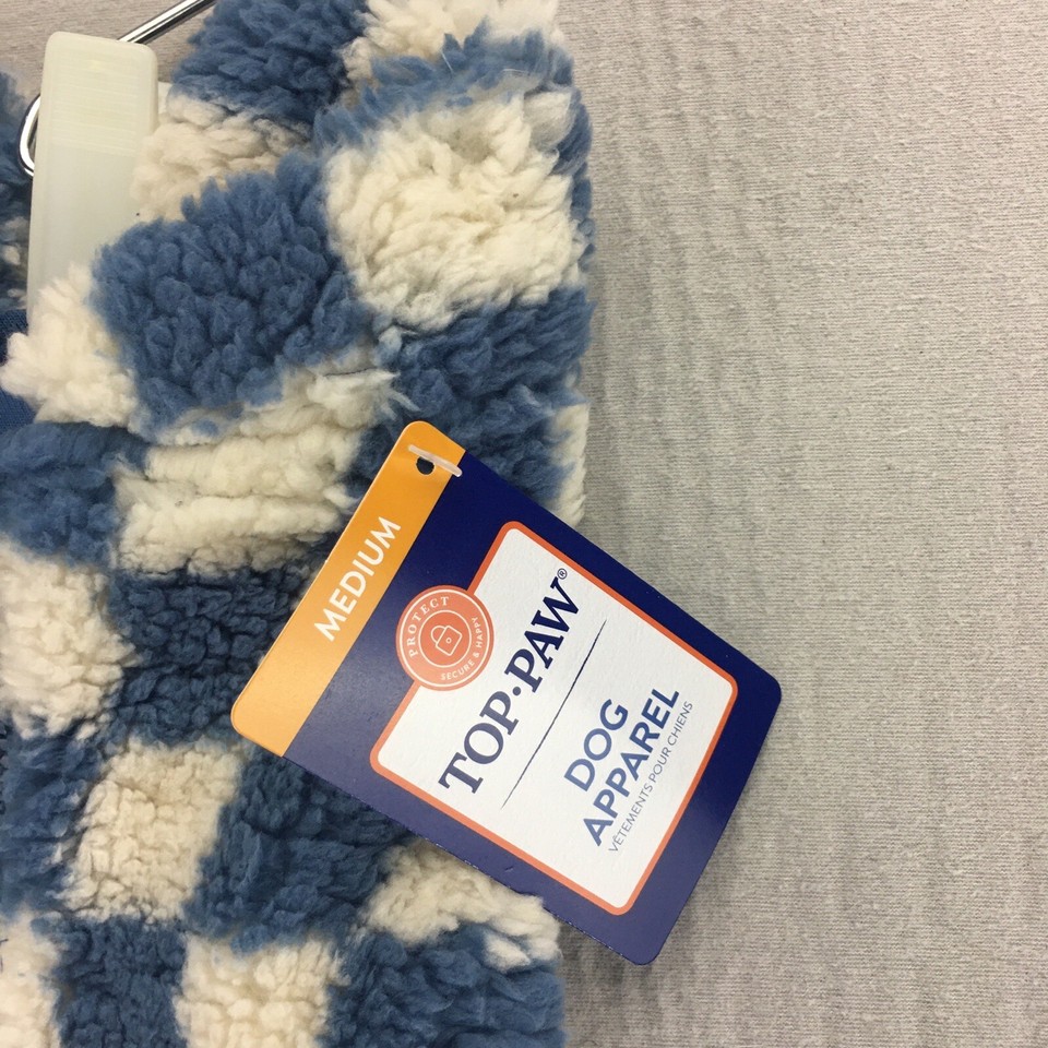 Top Paw Fleece Dog Sweater Size Medium Checkered Plaid Blue/WHT Winter